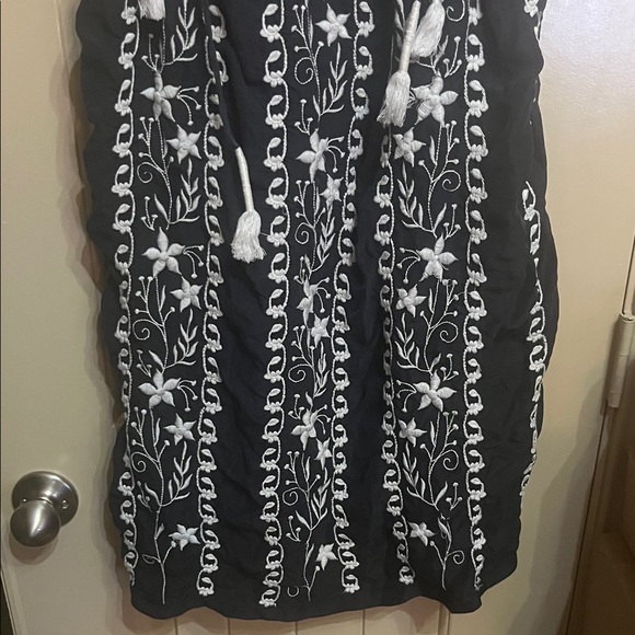 Joie Black and White 100% Silk Bohemian Embroidered Tassel Babydoll Dress - Picture 5 of 7